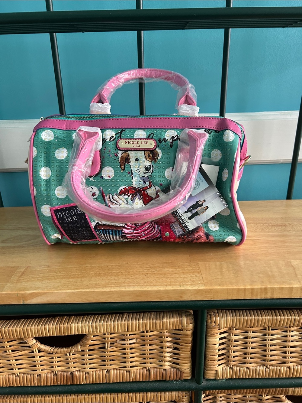 Nicole Lee Mint Polka Dot Satchel with Pink Trim and Dog Print